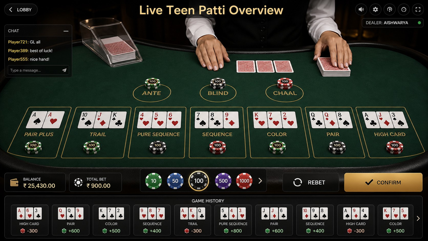 Live Teen Patti table with dealer and three-card betting layout