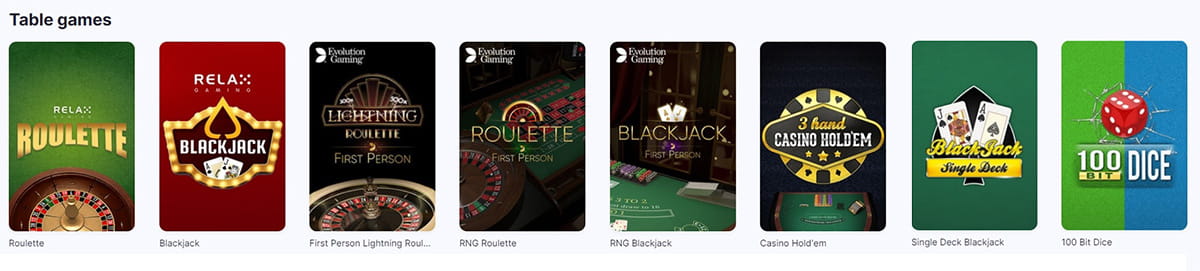 The Table Games Catalogue in MegaRush Casino