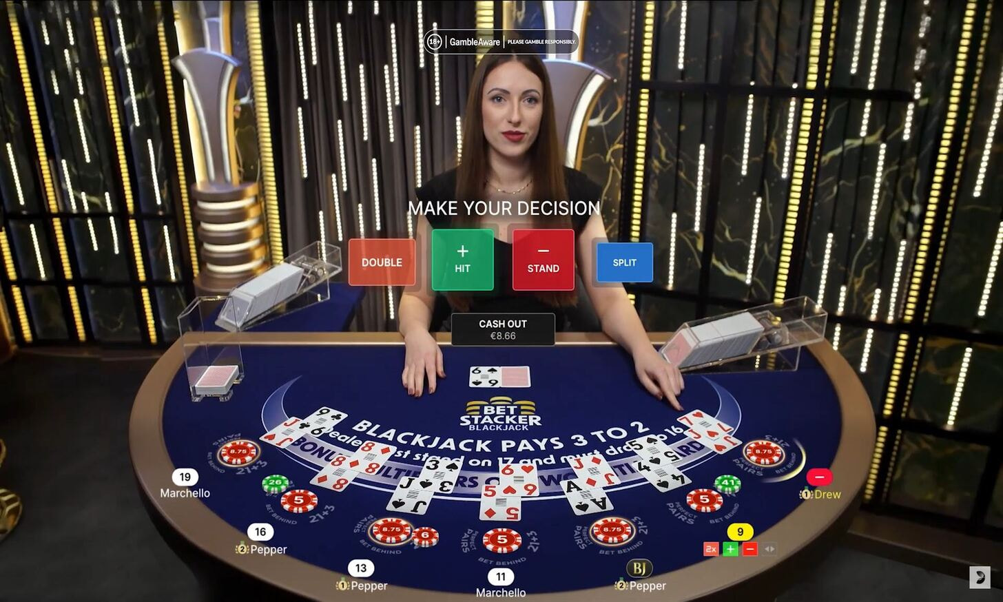 Live Bet Stacker Blackjack table with live dealer and multiple betting spots