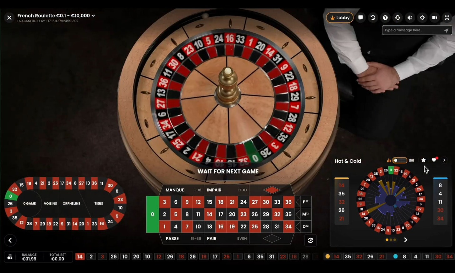 Live French Roulette with dealer and classic betting layout