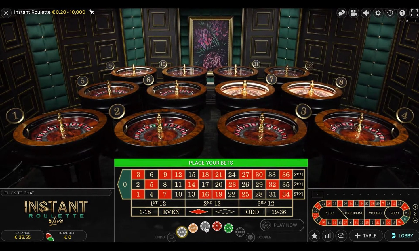 Live Instant Roulette with multiple wheels for fast-paced play