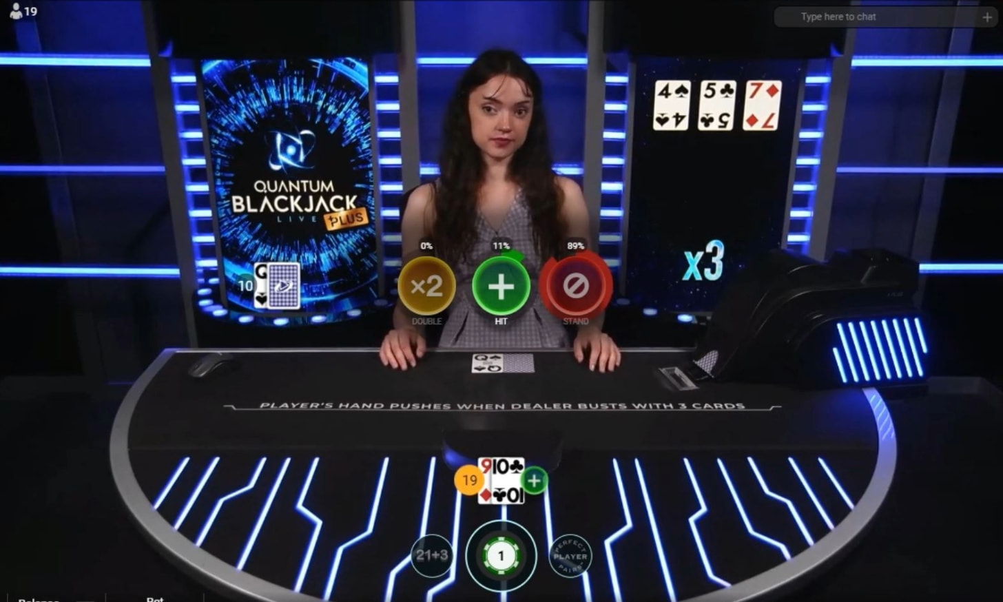 Live Quantum Blackjack with futuristic dealer setup and multiplier options