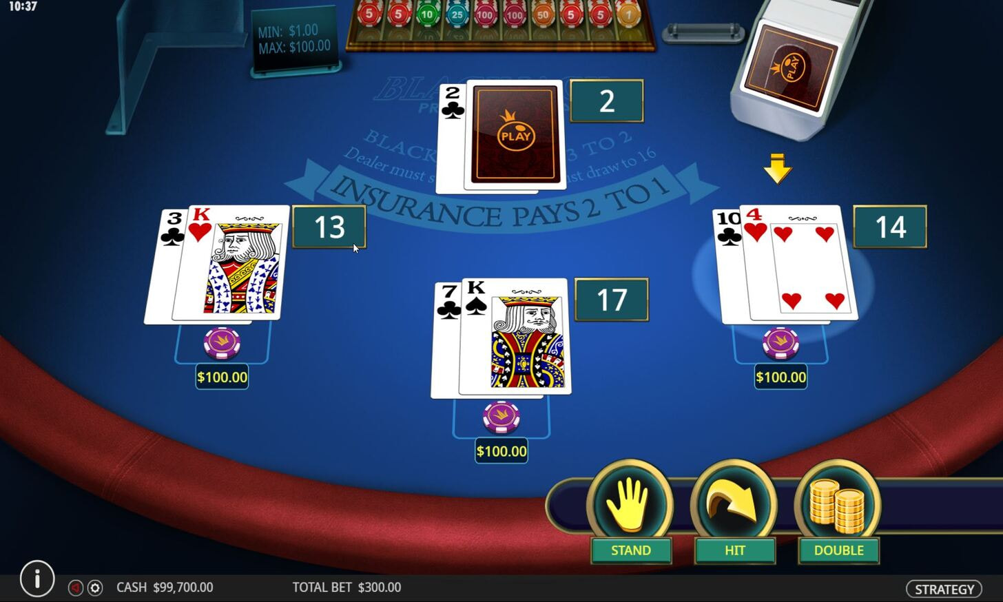 RNG American Blackjack table overview with cards and chips