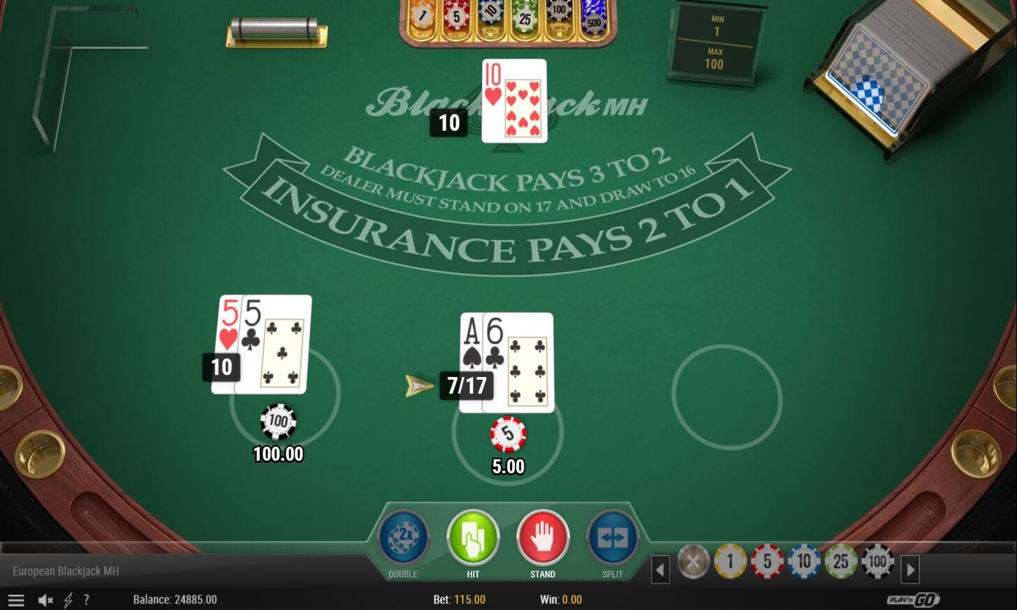 RNG European Blackjack game with dealer’s cards and betting options