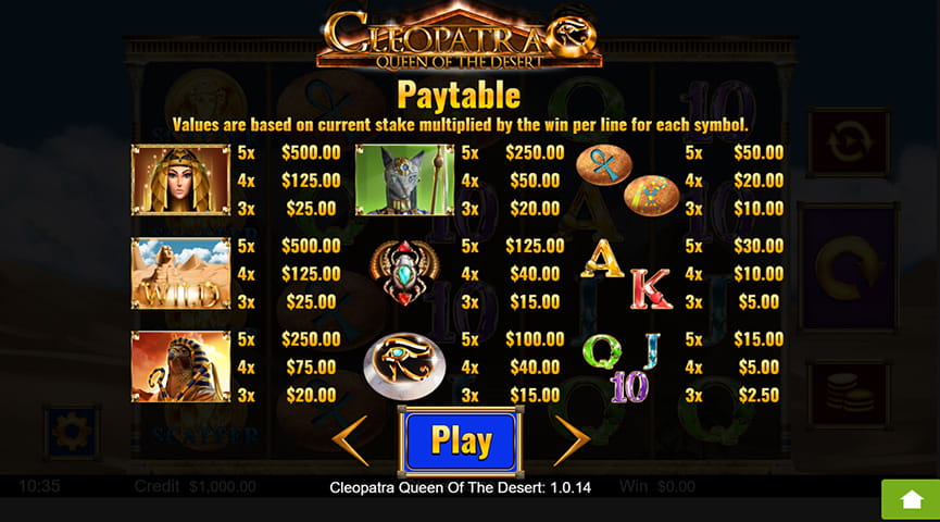 The Paytable of Queen of the Desert Online Slot