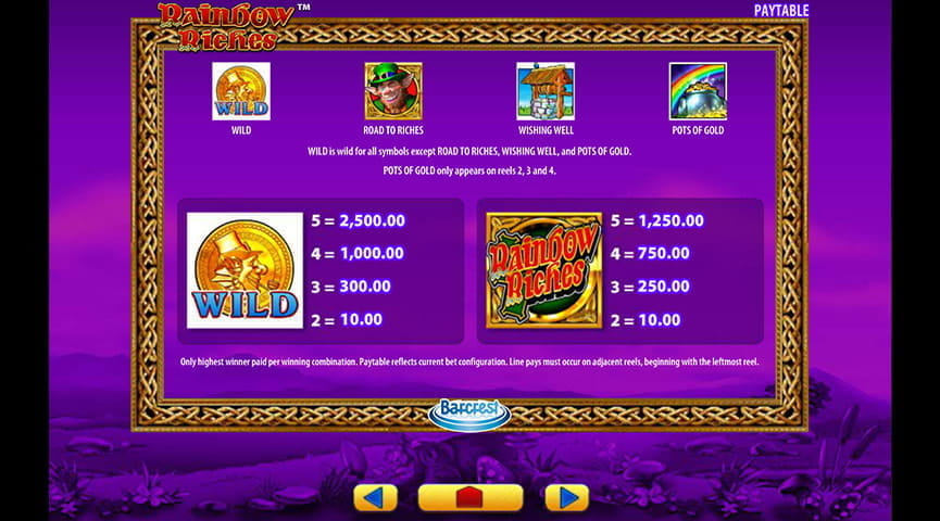 Rainbow Riches Slot by Barcrest Paytable