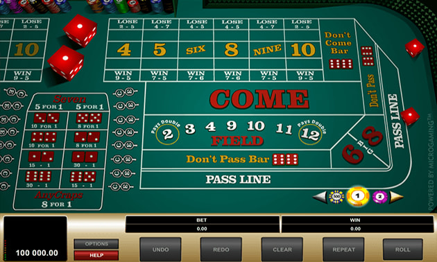 RNG craps online game with dice roll results and virtual betting layout