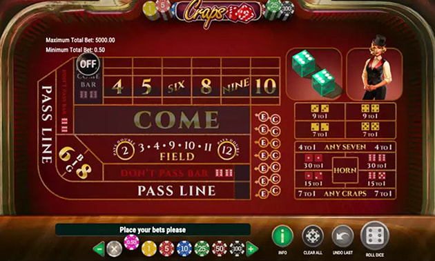 Vegas style RNG craps game with dealer image and digital betting options