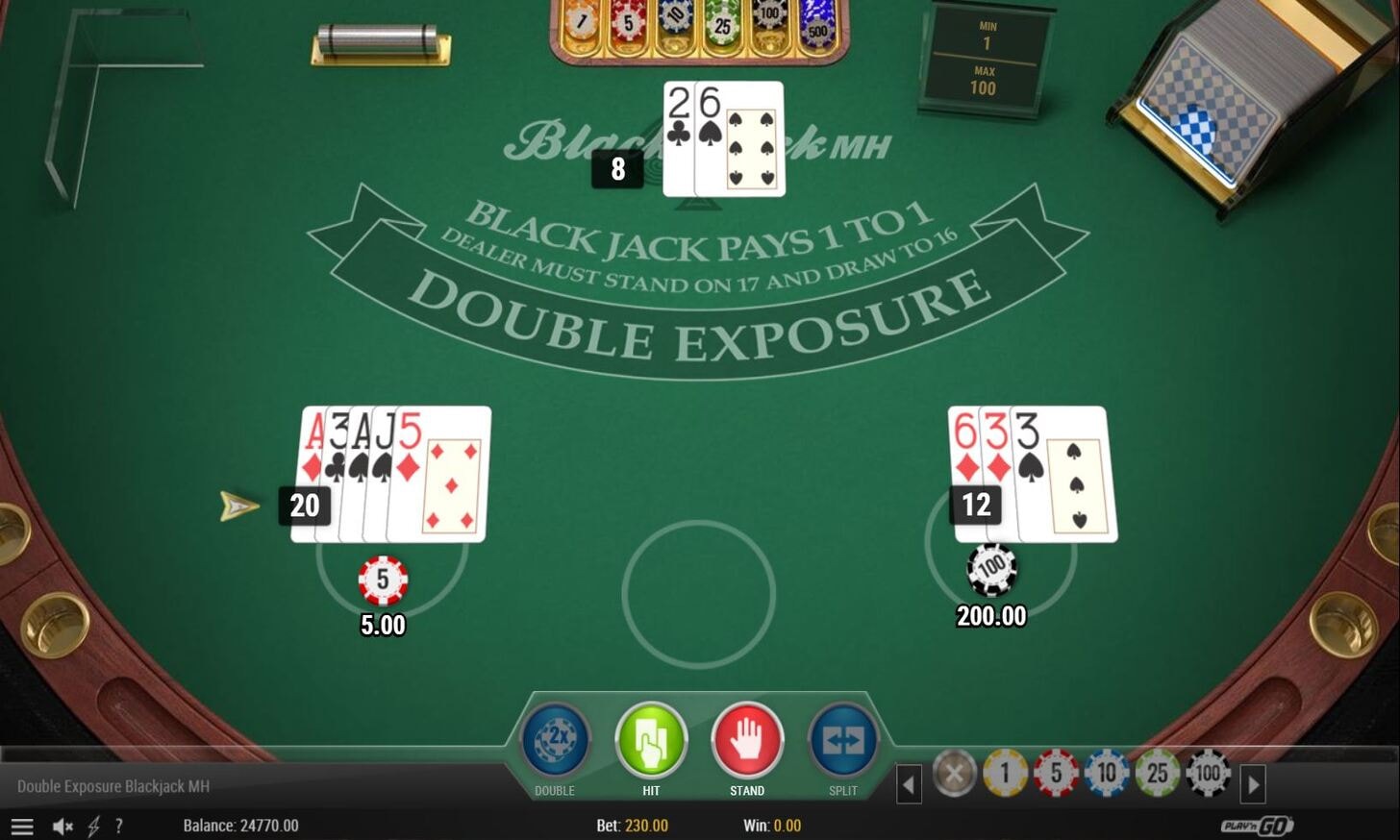 RNG Double Exposure Blackjack table showing both dealer cards