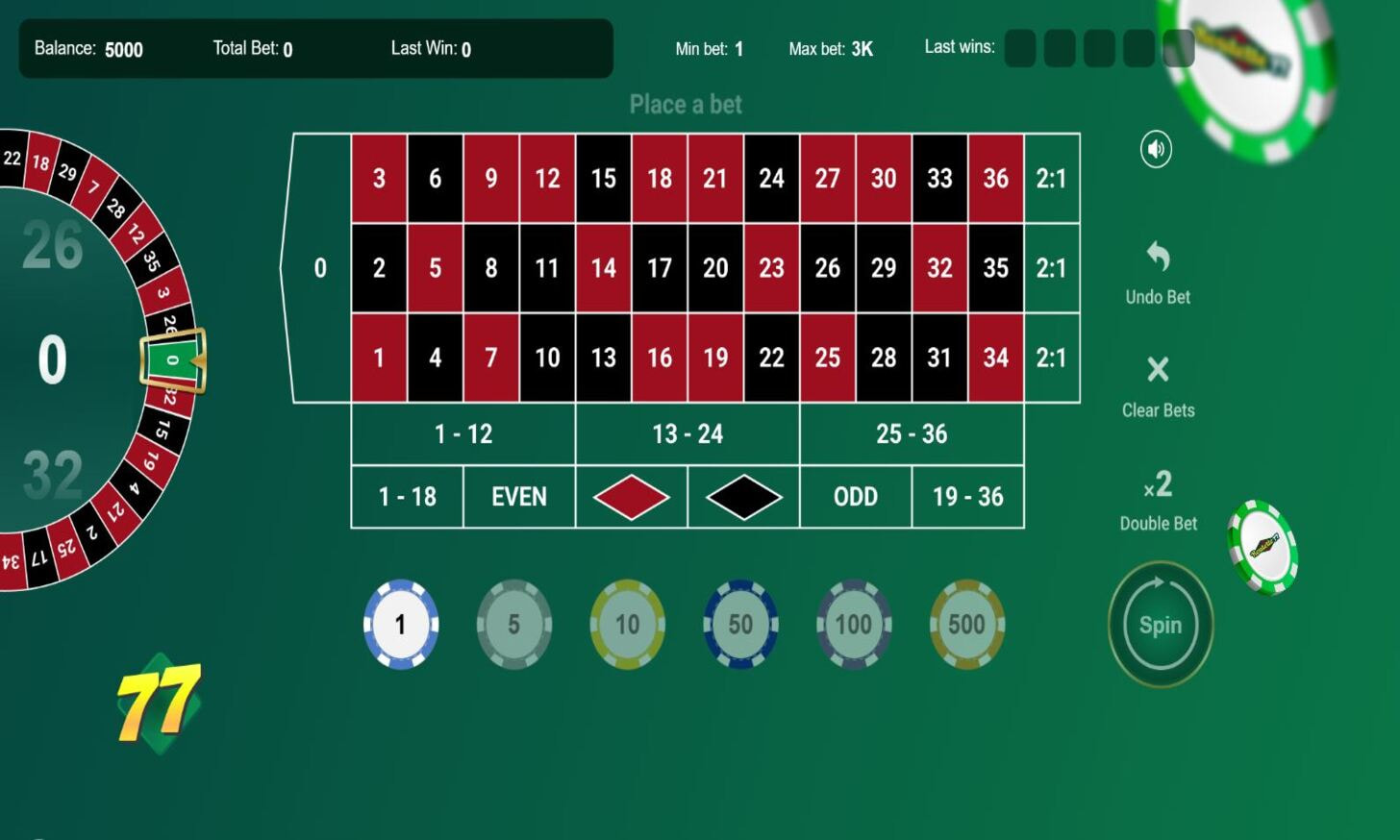 RNG European Roulette table with single zero layout