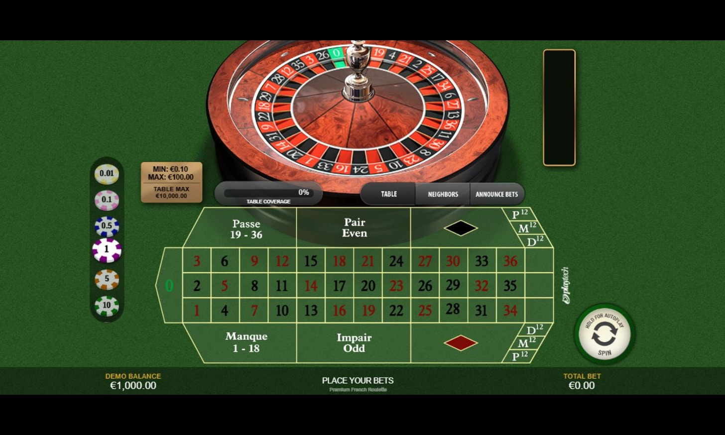 RNG French Roulette with racetrack bets and French table design