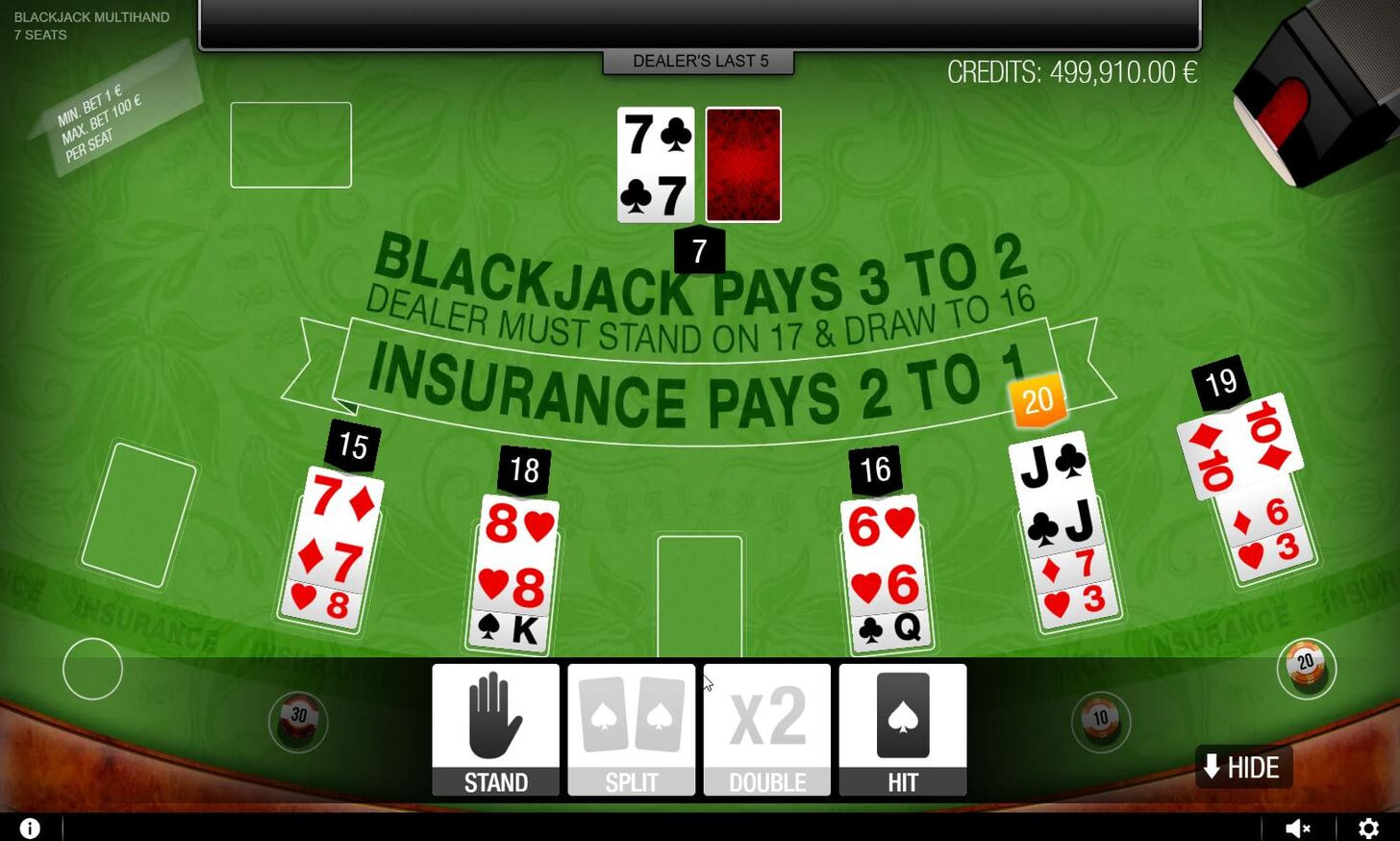 RNG Multihand Blackjack table with multiple betting positions