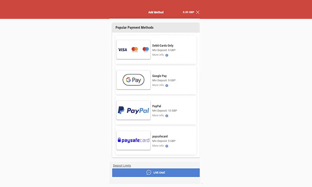 Online casino payment screen showing deposit methods like Visa, Google Pay, PayPal and Paysafecard