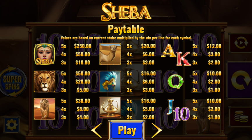 The Paytable of Sheba Online Slot