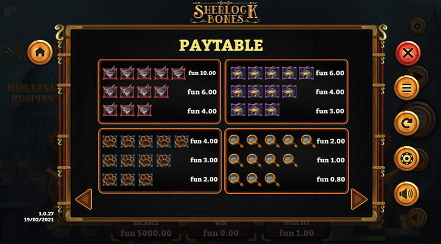The Paytable of Sherlock Bones Online Slot