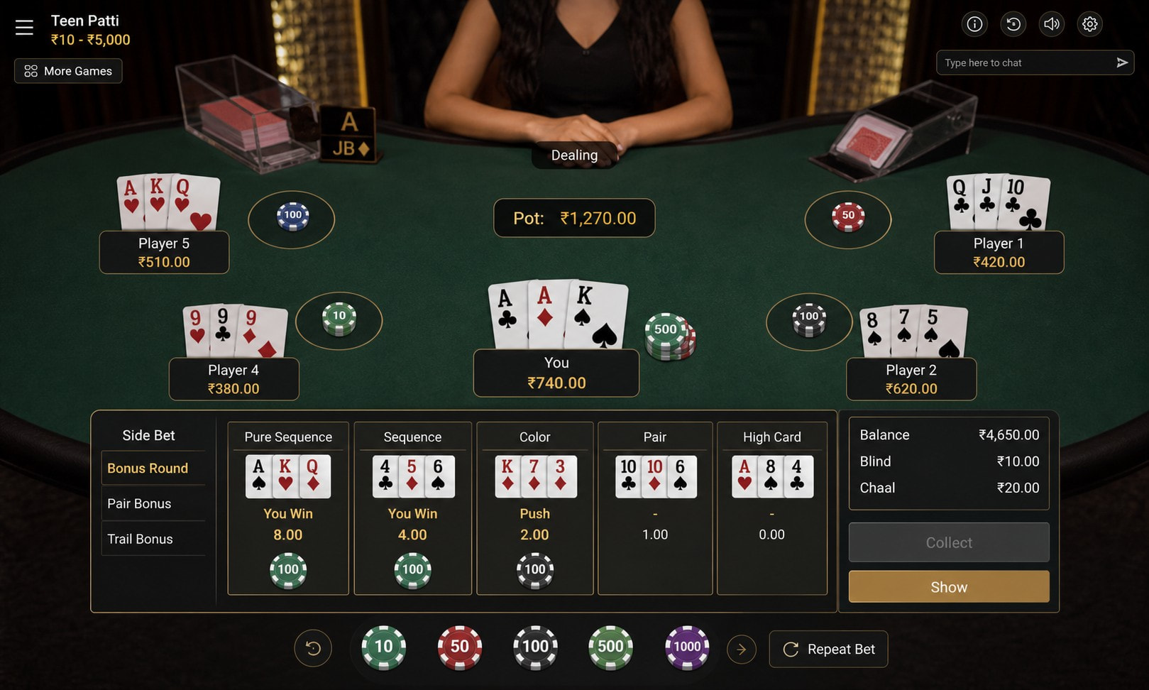 Teen Patti side-bet feature with bonus payouts