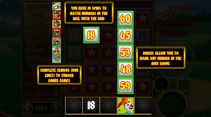 The Paytable of Slingo Rainbow Riches Online Slot