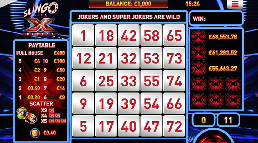 The Paytable of Slingo X Factor Online Slot