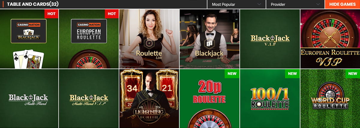 SportNation's online table games selection