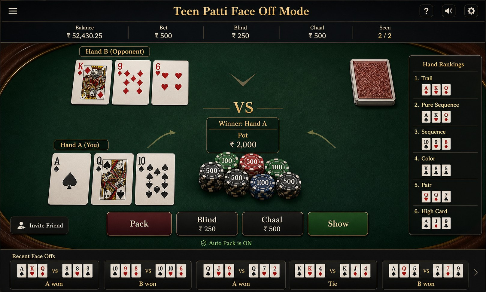 Teen Patti Face Off feature with one-on-one head-to-head play