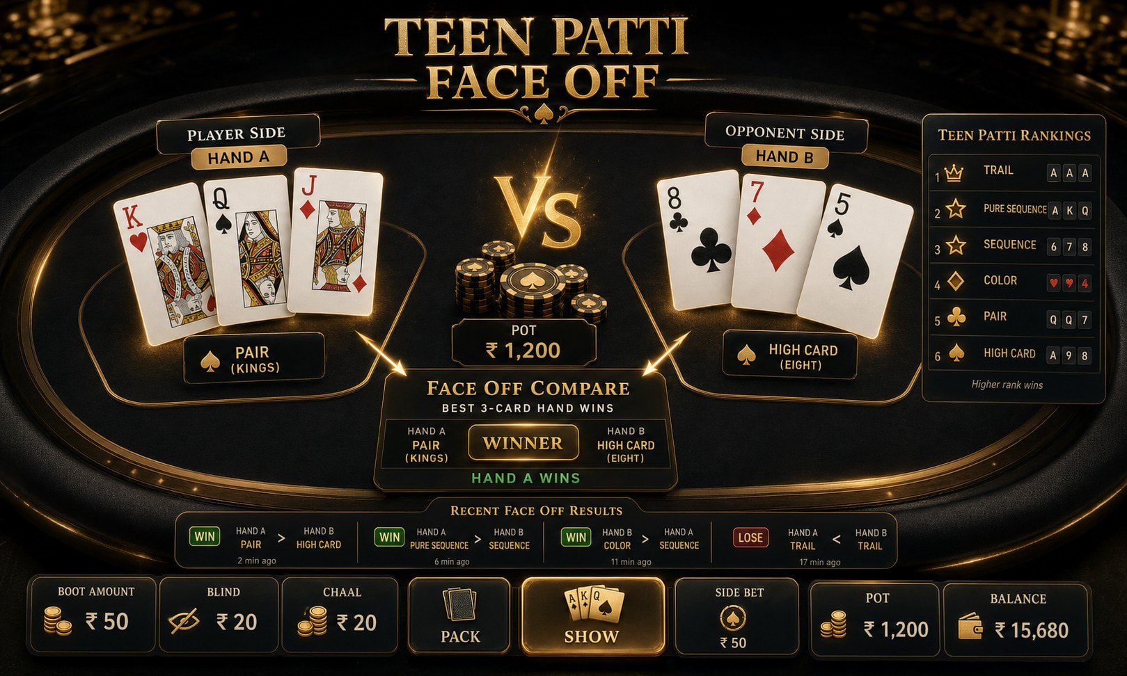 RNG Teen Patti Face Off with one-on-one play design