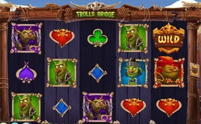 An in-game image of the Trolls Bridge slot at Highroller casino.