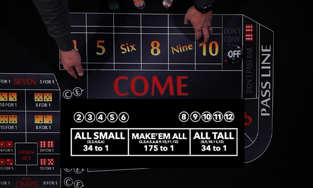 Craps table showing special side bets including All Small, All Tall and Make Em All options