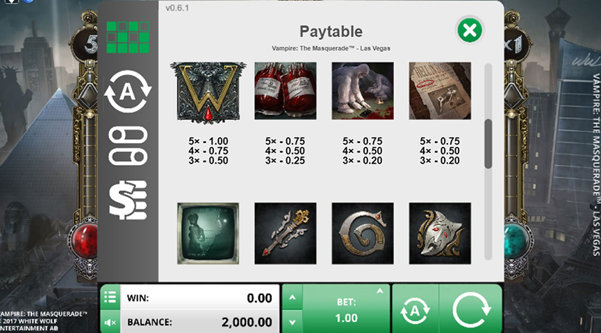 The Paytable of Vampire: The Masquerade - Las Vegas Online Slot