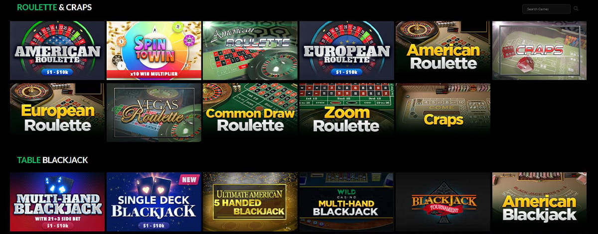 Table Games Catalogue in Wild Casino