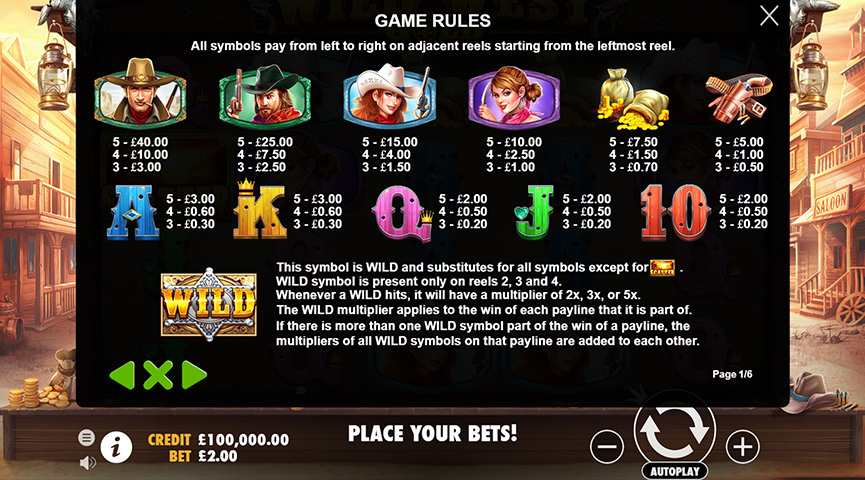 Paytable of Wild West Gold Slot