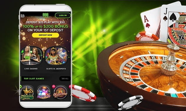 A roulette wheel and playing cards appear next to a smartphone, which displays the mobile site of 888casino.