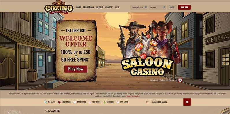 The homepage of Cozino casino
