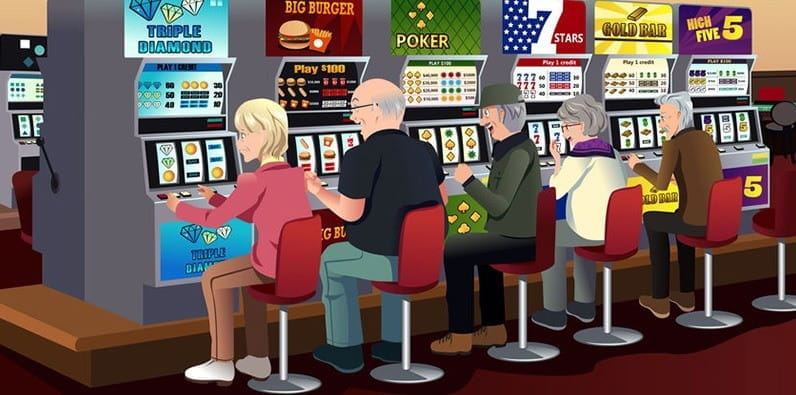 Cartoon - Elderly People Playing Slots at a Casino