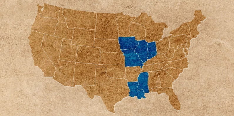 A Map Outlining the States Where Riverboat Casinos are Legal