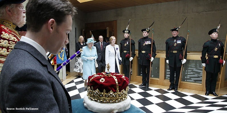 The Crown of Scotland carried by the 16th Duke of Hamilton after the opening of the fourth Session of The Scottish Parliament in July 2011.