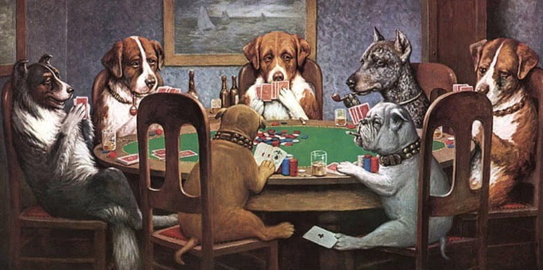 The Most Famous Painting from the Dogs Playing Poker Series by Cassius M. Coolidge.