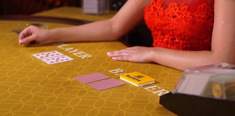 A Baccarat Table with Player and Banker Hands Dealt