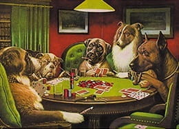 Saint Bernard Is Bluffing Other Dogs over a Poker Session. The Pot Is High. 
