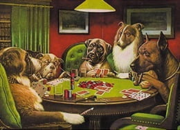 Saint Bernard Is Bluffing Other Dogs over a Poker Session. The Pot Is High.