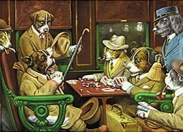 Dogs Playing Poker in the Train by Coolidge. The Dogs Are About to End the Game and One of Them Expresses Shock as He Would Not Be Able to Play His 4-Ace Hand While His Pile of Chips Had Decreased A Lot. 