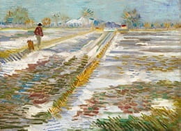 Painting 'Landscape with Snow' by Van Gogh Displaying the Portrait of a Man Walking with his Dog across a Vast Field Covered in Snow