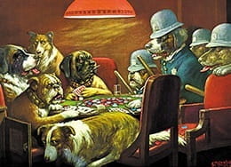 The Dogs Have Been Busted on Playing an Illegal Poker Game. The Collie Is Getting Away while the Bulldog Is Upset, He Would Not Be Able to Take Profit from the 4-Ace Hand..