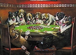 The Dog Winner in the Poker Game Is Excitedly Barking Against the Defeated Bulldog Who Believed that Could Win the Game with a Hand of 4 Aces. The Rest of the Dogs Are Amusing Themselves. 