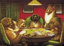 The Saint Bernard from the Bold Bluff Painting Was Not Bluffing as He Got a Pair of Deuces while the Bulldog Got a Pair of Jacks.