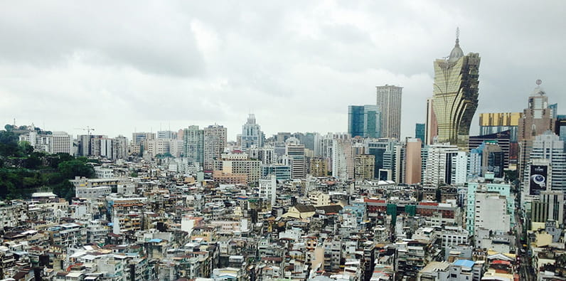 City Landscape of Macau Downtown with Residential Buildings and Hotels 