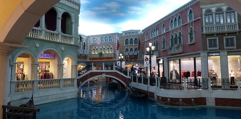 The Canals of the Venetian Resort Hotel in Macao alongside Shops and Cafes 