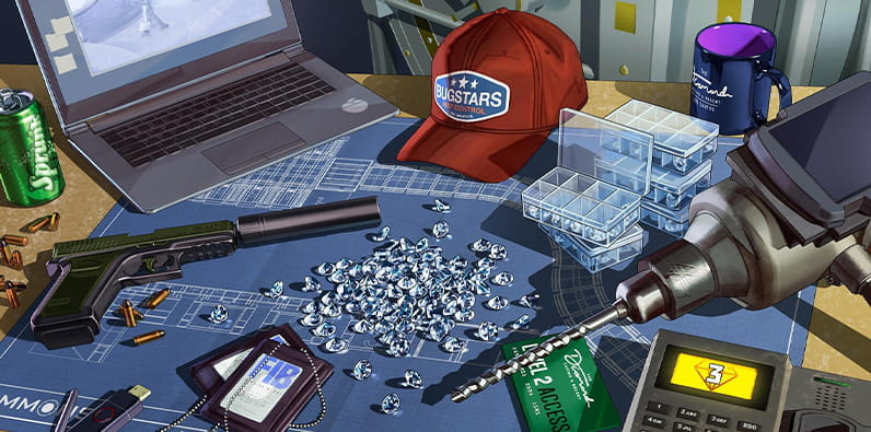 Table With Fake ID Cards, Guns, Diamonds and Building Blueprint 