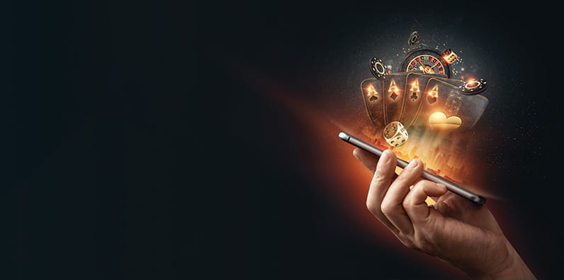 A Hand Holding Smartphone with Casino Illustration