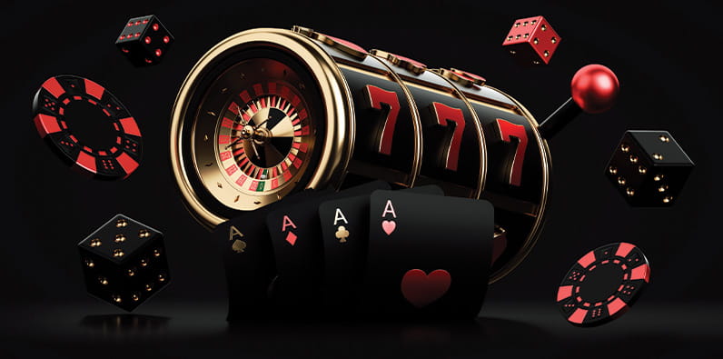 Slot Machine Next to a Roulette and Playing Cards