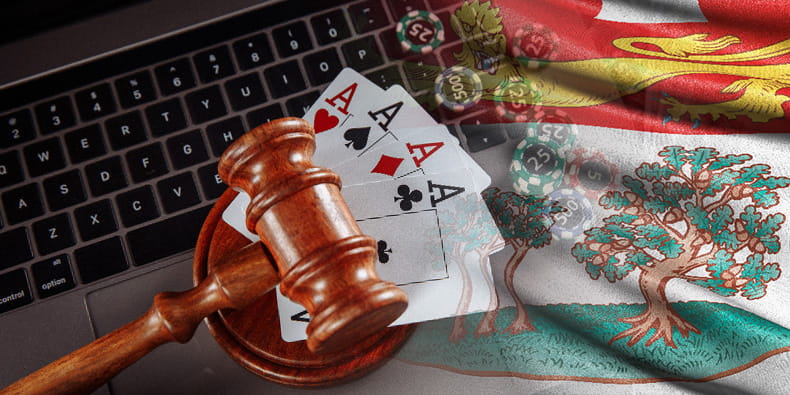 Laptop dengan Elemen Gavel dan Kasino di atas Logo Prince Edward Island